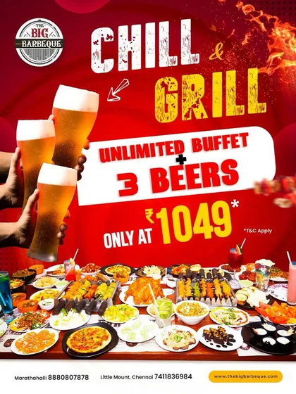 Chill and grill in style. Indulge in an unlimited buffet paired with three perfectly chilled beers for ₹1049.
