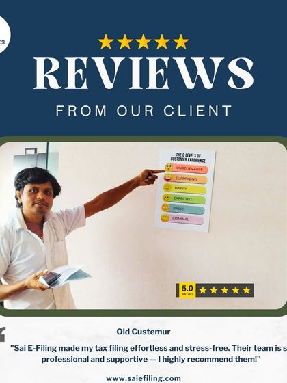 "Sai E-Filing made my tax filing effortless and stress-free." It is always rewarding to hear from our returning clients. We focus on providing professional and supportive tax filing services to make the process easy for you.