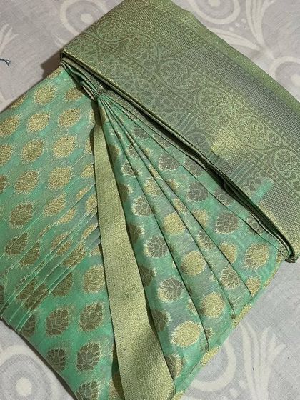 A light green saree with gold butta work, pleated and ready. This is perfect for a daytime event.