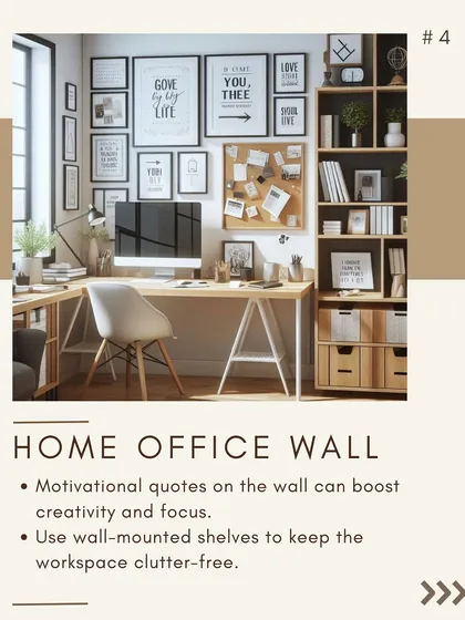 Another take on a home office wall. A gallery of motivational quotes boosts creativity, while wall-mounted shelves and a corkboard keep the workspace organized and clutter-free.