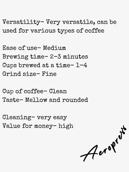 A quick guide to the Aeropress, highlighting its versatility, ease of use, and the clean, rounded cup it produces.