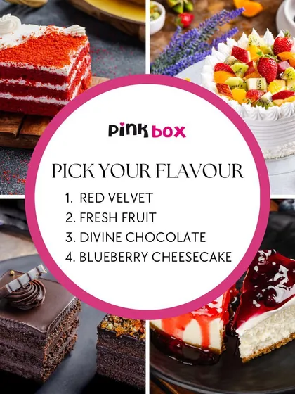 Can't decide? Here are four of our most-loved eggless cake flavors: the classic Red Velvet, a light Fresh Fruit cake, our rich Divine Chocolate, and the creamy Blueberry Cheesecake.
