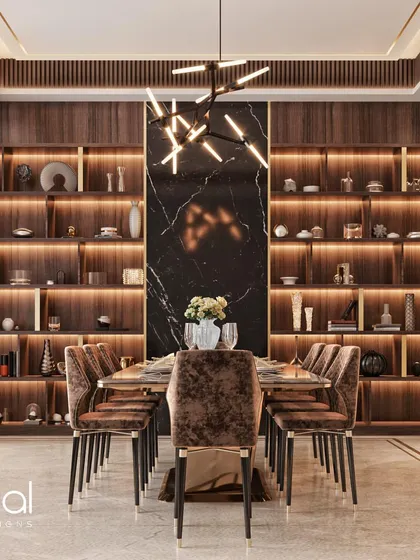An elegant dining room concept featuring a large marble table and plush velvet chairs. The design is elevated by custom backlit shelving and a modern chandelier, creating a sophisticated atmosphere for formal dining.