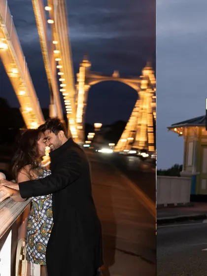 A diptych showing a stolen kiss on the bridge and a wider view of the London nightscape. It captures both the intimate moment and the beautiful setting.
