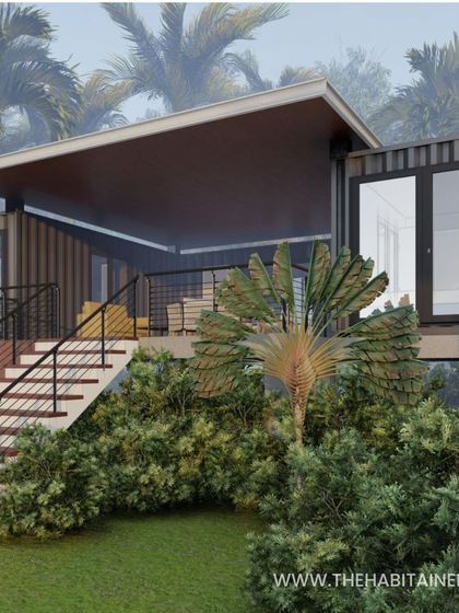 A side view of the 3BHK container home render, showing the staircase leading up to the main living deck.