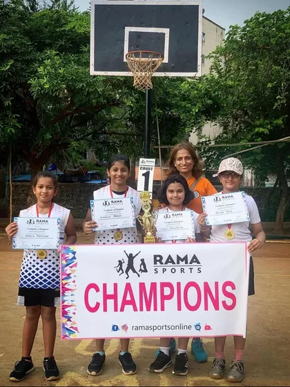 The girls' team celebrating their championship win at the Rama Sports tournament. We are so proud of their performance.