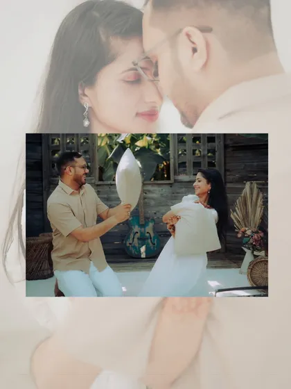 A creative double-exposure effect, blending an intimate portrait with a playful pillow fight. This artistic shot adds a unique touch to Nikhil and Anisha's pre-wedding album.