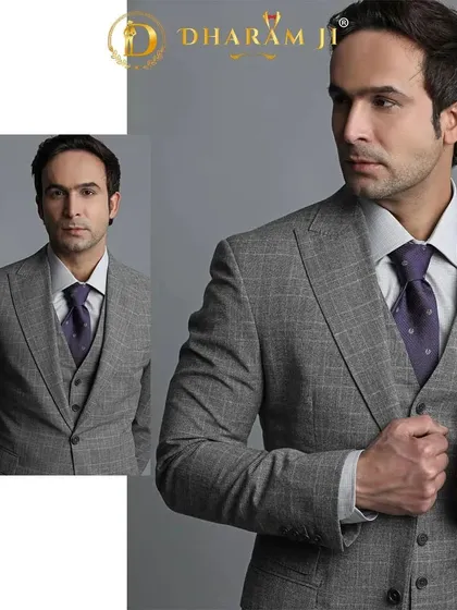 A grey plaid three-piece suit, showing how a classic pattern can be used to create a sharp and modern silhouette.