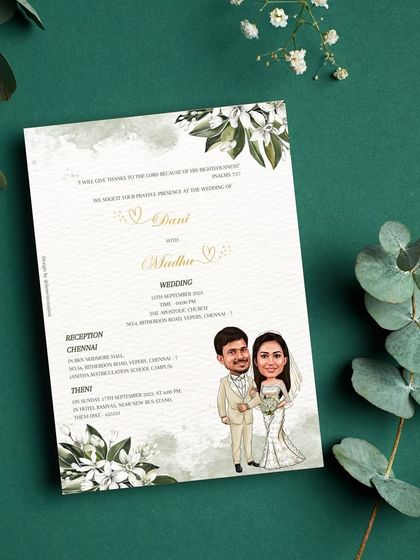 A Christian wedding invitation that exudes soothing simplicity. The design features a minimalistic caricature of the couple, framed by delicate greenery against a soft green faded texture, capturing their love in a pure and elegant way.