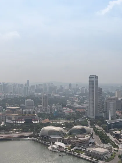 A view of Singapore's cityscape, including the iconic "durian" domes of the Esplanade theatres.