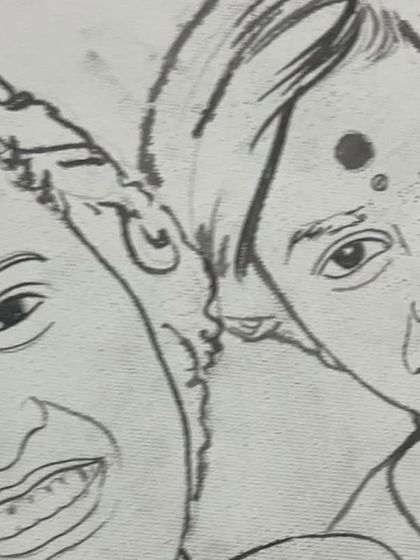 The initial sketch phase of the four-generation acrylic painting, laying the foundation for the final piece.