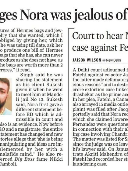 A newspaper clipping detailing my client Sukesh Chandrashekhar's statement regarding the defamation case between Nora Fatehi and Jacqueline Fernandez.
