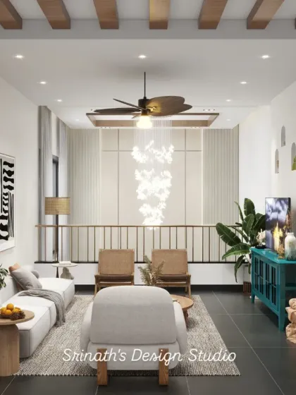 A wide-angle view of the living room with arched niches, showing the open layout, raftered ceiling, and the connection to the upper floor.