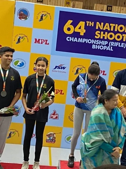 Tilottama Sen with her teammates, celebrating their silver medal win at the National Shooting Championship in Bhopal.