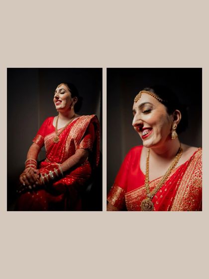 A collage of a bride in a red saree, capturing her joyful laughter. These portraits are full of life and happiness, showing a different side of the bridal experience.