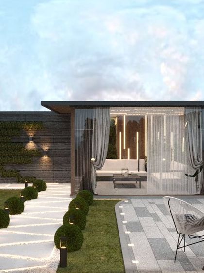 A concept for the Vikaspuri project, showing a glass-walled seating area with curtains for privacy.