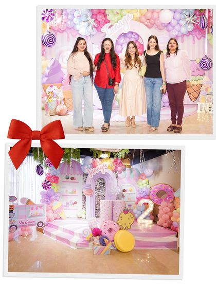 A collage from a sweet second birthday party with a Candyland theme, showing the beautiful decor and happy guests. We ensure every celebration is a grand and memorable affair.