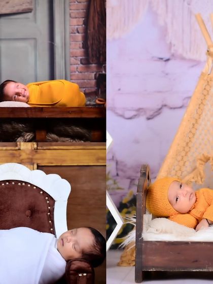 A collage of a newborn sleeping in different setups and positions.