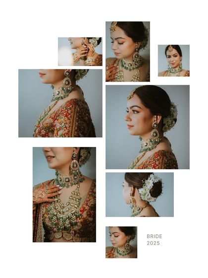 An artistic collage of bridal portraits, mixing close-ups and profile shots to create a modern and stylish layout.