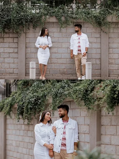 This collage shows a couple posing against a stone wall with ivy, capturing moments of them together and apart to tell a visual story.