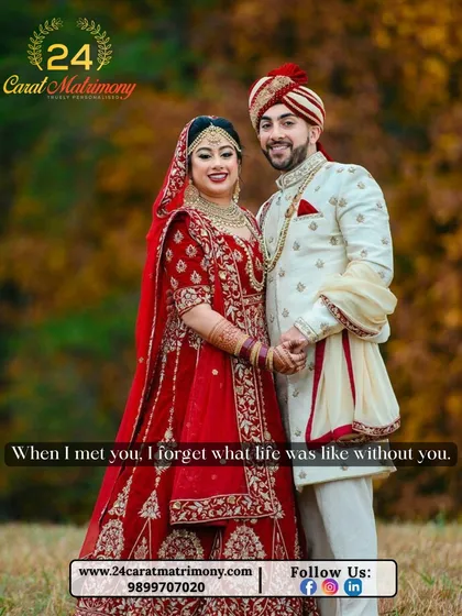 A stunning portrait of a couple in their traditional wedding attire. We help you find the person who makes you forget what life was like without them.