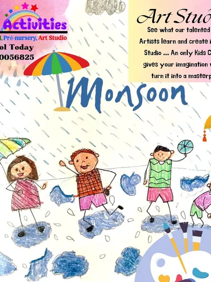 A beautiful monsoon-themed drawing created by one of our talented young artists. Our studio sessions often reflect the seasons, encouraging kids to observe and interpret the world around them through their art.