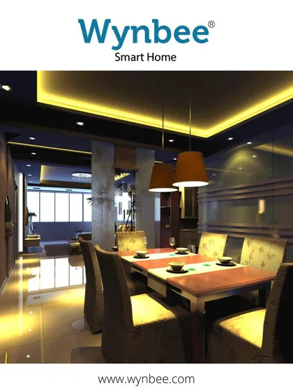 With my systems, you can seamlessly control all your lights from a single place. This dining area uses warm cove lighting and pendant lamps that can be turned on, off, or dimmed with a simple swipe.