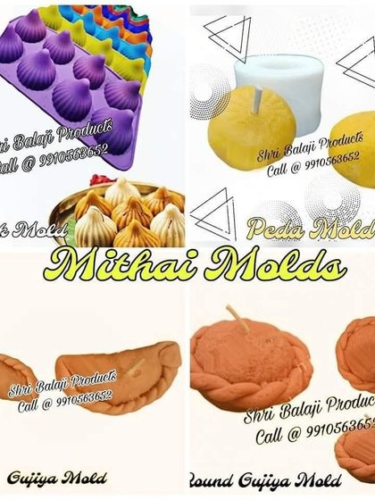 A collage showcasing some of my most popular mithai molds, including Modak, Peda, Gujiya, and Round Gujiya. This gives a quick overview of the variety I offer.