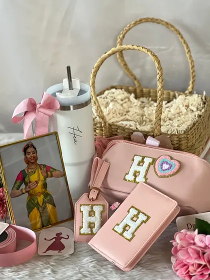 A little glimpse of my workspace in June. It's a happy chaos of personalized goodies, from a custom dance photo frame to initialed passport covers and pouches.