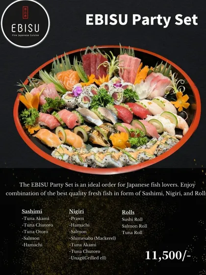 The Ebisu Party Set is an ideal order for Japanese fish lovers. It features a premium combination of sashimi including Tuna Akami and Chutoro, nigiri with Prawn and Hamachi, and a variety of our signature rolls.
