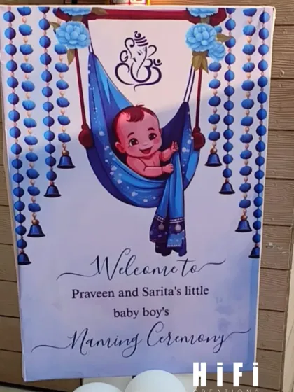 A personalized welcome sign for a baby boy's naming ceremony, featuring a cute illustration and traditional motifs.