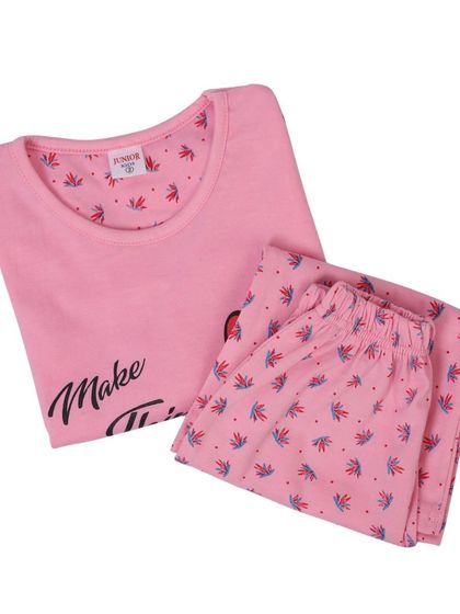 A folded view of the pink night suit set.