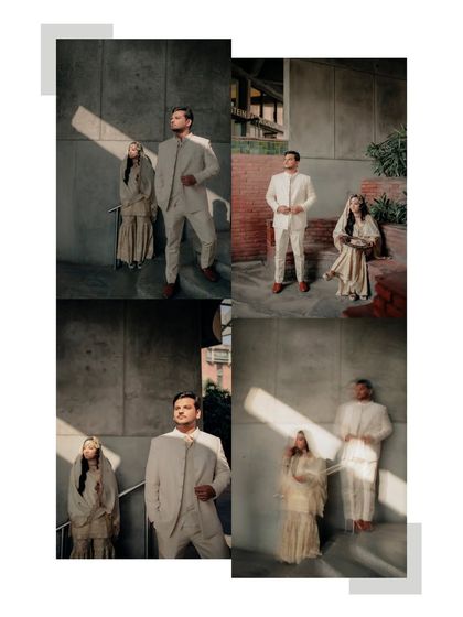 A collage of the couple's portraits, showcasing their elegant poses and the artistic use of light and shadow in their photoshoot.