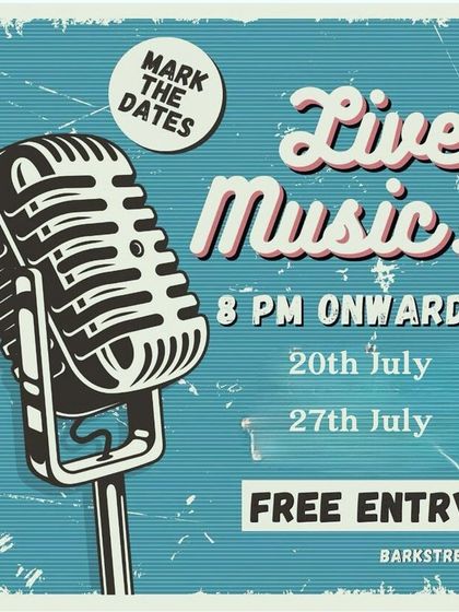 Mark the dates! A poster for our recurring Live Music nights with free entry, perfect for all music and dog lovers.