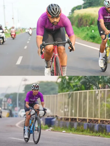 Two individual portraits in one frame. This collage highlights different members of the team as they navigate the road, each showing a unique style and level of intensity.