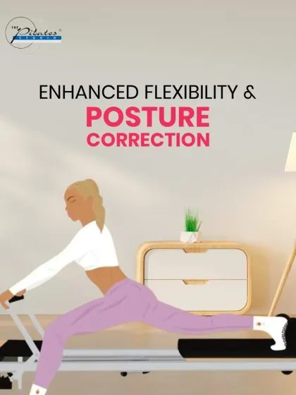 Unlock the power of precision movement. This image highlights how reformer Pilates works to enhance flexibility and correct posture, helping you stand taller and move better.