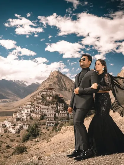 A breathtaking moment in Spiti Valley, where the vast, ancient landscape of Key Monastery provides a dramatic backdrop for a modern love story. This is the kind of epic, destination pre-wedding photography I love to create.