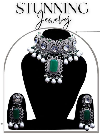 A graphic showcasing a stunning emerald and polki choker set with pearl drops. This piece is perfect for a bride's reception or a bridesmaid's look.