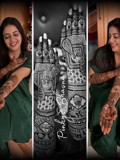 A creative collage of the bride's mehndi, showing both color and black and white versions to highlight the intricate patterns and details.