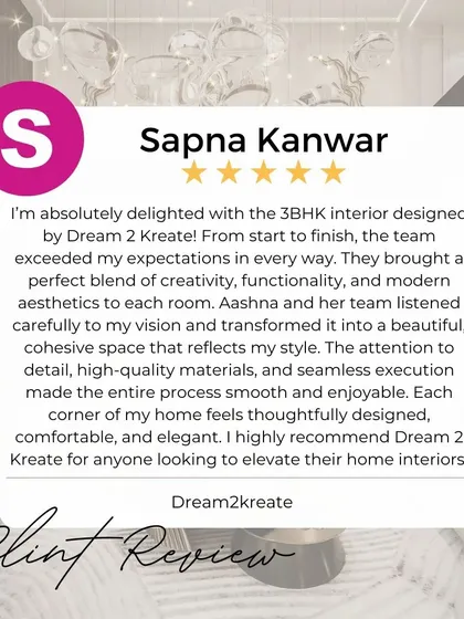 Thank you, Sapna, for your glowing review of the 3BHK interior we designed. I'm so glad you enjoyed the process and that every corner of your home feels thoughtful and elegant.