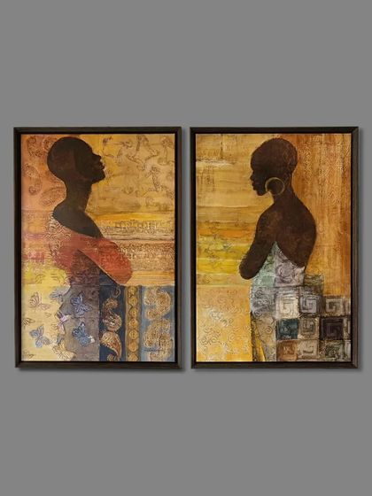 A closer look at Albena Hristova's powerful tribute to women, framed in our floater frame. This style allows the artwork's intricate details and textures to be fully appreciated without interruption.