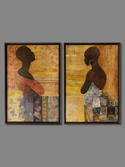 A pair of artworks from Albena Hristova's series, framed identically in floater frames to create a powerful and cohesive diptych.