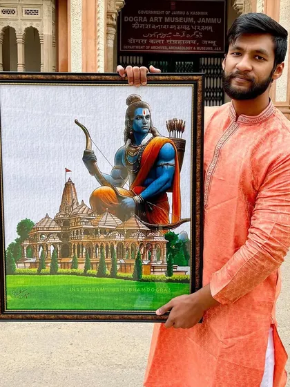 Holding my completed artwork of the Ram Mandir with Lord Ram. This piece combines detailed architectural drawing with character illustration, showcasing the fusion of different art styles.