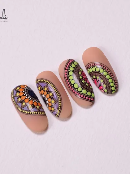 Another look at the colorful mandala designs on a neutral base.