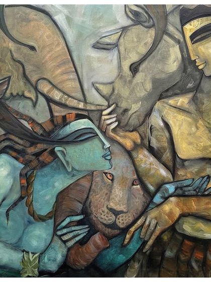 'LOOK ALIVE US - II', a large 36x48 inch acrylic on canvas showing a harmonious scene with humans and animals like the rhino, elephant, and lion.