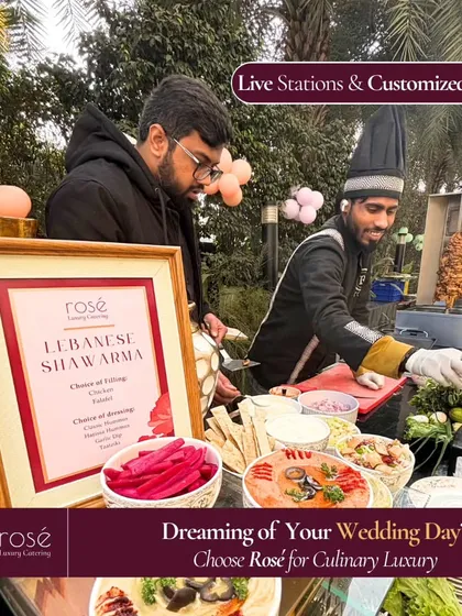 Our live Lebanese Shawarma station in action at an outdoor event. This offering is part of our comprehensive wedding package, which includes ten dynamic live stations and customized menus.