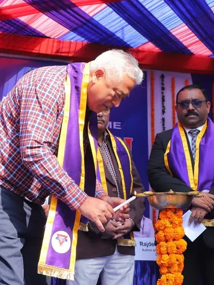 The ceremonial lamp lighting, a tradition that marks the beginning of our Annual Convocation. Here, our guest of honor, senior journalist Rajdeep Sardesai, inaugurates the event alongside our leadership team.