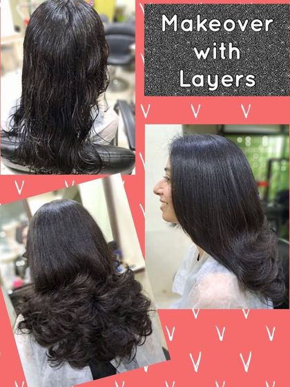 A classic layered haircut that transforms hair from simple to stunning. The side profile shows how the layers are cut to create a beautiful shape and a soft, curled-in finish.