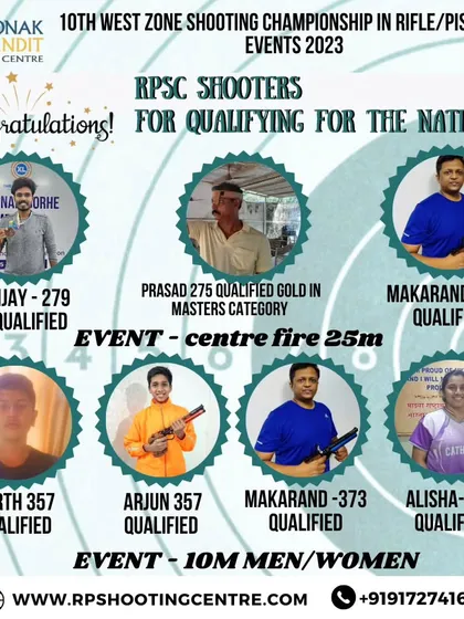 Congratulations to our shooters for qualifying for the Nationals at the 10th West Zone Shooting Championship. This graphic celebrates their achievements in the 25m centre fire and 10m air pistol events.