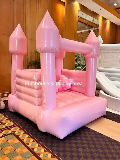 Our Pretty in Pink bounce castle set up indoors. Its compact size makes it a great option for indoor venues or smaller garden spaces.